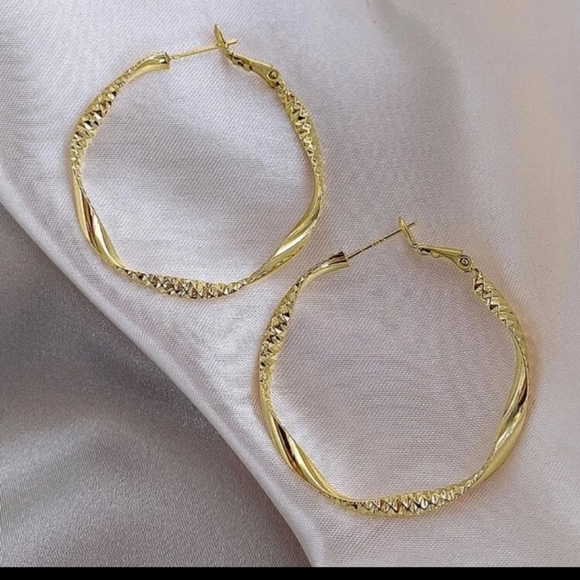 Gold Texture Twisted Hoop Earrings - Picture 2 of 7